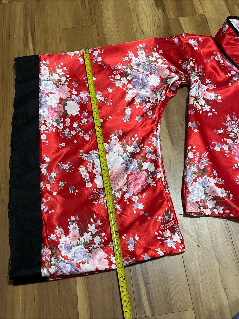Red Floral Satin Kimono Top & Black Bow Set Wrap Blouse Cosplay Festival L - Picture 10 of 12